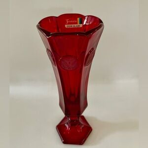 Vintage Fostoria Glass Ruby Red Glass Coin Vase 8 Inch